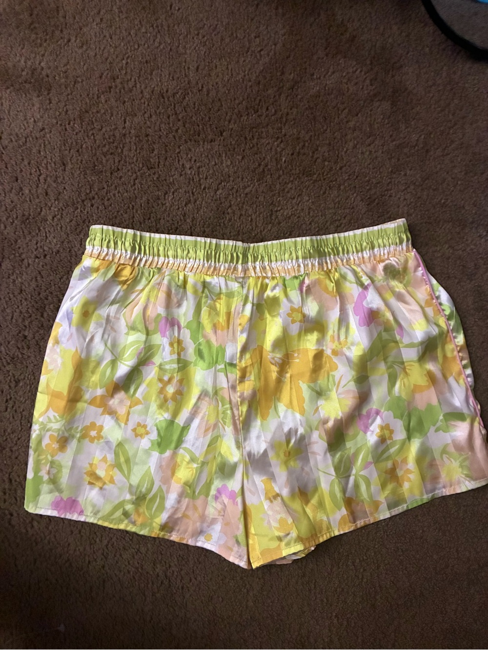 Free People Pastel Floral Satin Lounge Shorts in Yellow, Green & Pink - Picture 4 of 4
